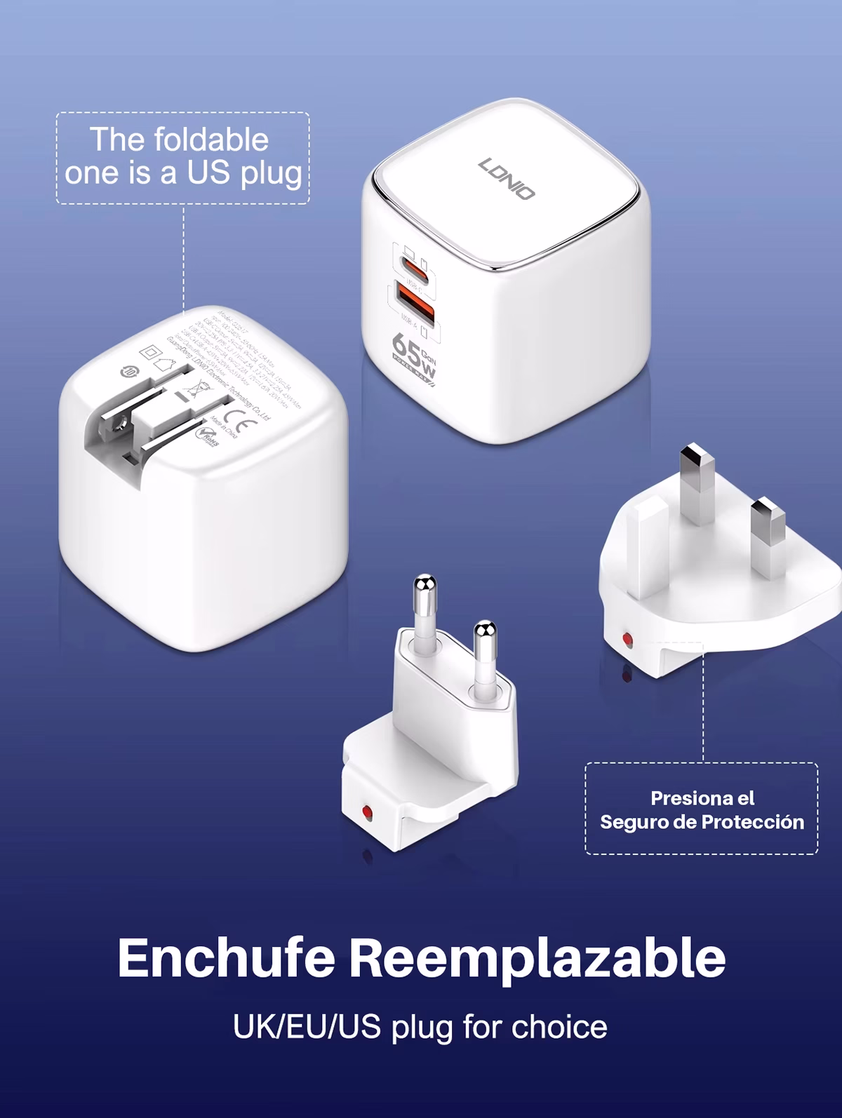 Super Cargador Viajero de 65w GaN con USB C y USB A PDQC3 LDNIO Q2617 detalles 04 1