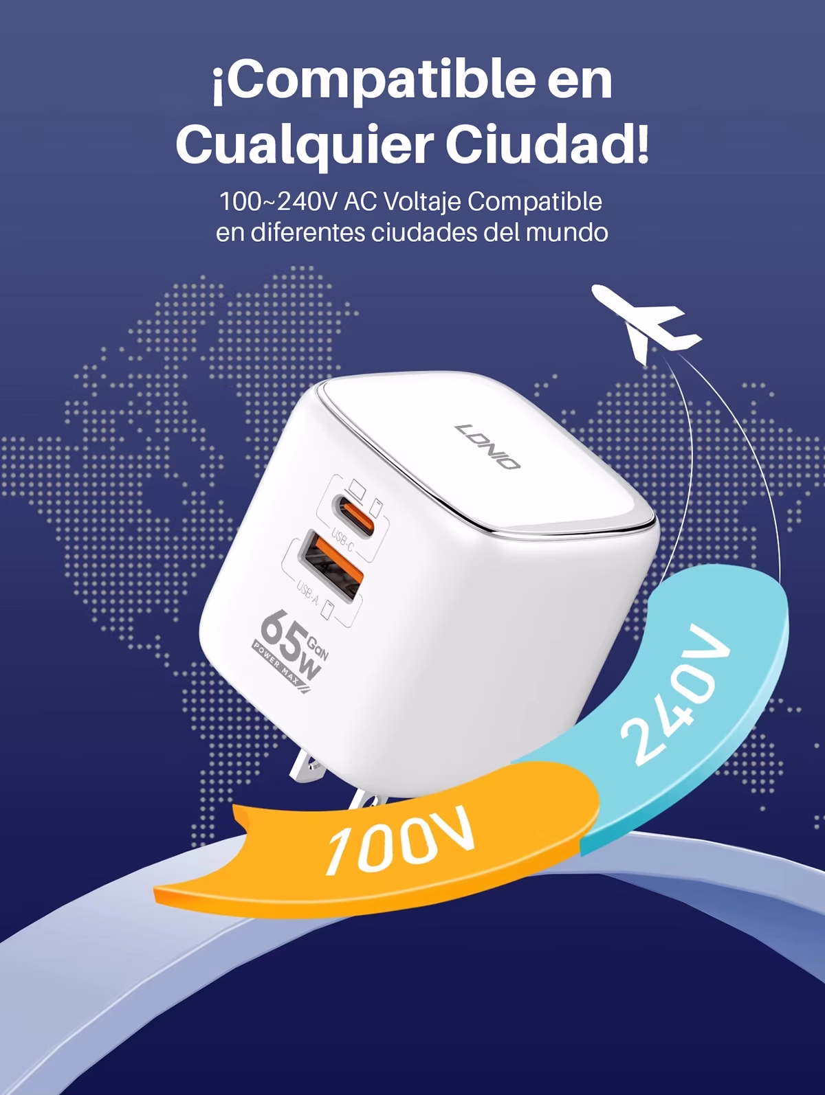 Super Cargador Viajero de 65w GaN con USB C y USB A PDQC3 LDNIO Q2617 detalles 05
