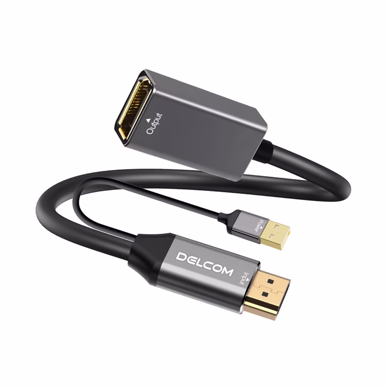 Adaptador HDMI a DisplayPort 4K Activo Delcom DL-AHMDFU01 Conecta tu Dispositivo HDMI a un Monitor DisplayPort, Adaptador conversor activo HDMI a DisplayPort 4K@60Hz Delcom DL-AHMDFU01, mostrando los conectores HDMI, USB de alimentación y el puerto DisplayPort hembra, un producto de HD Multimedia PERU SAC.
