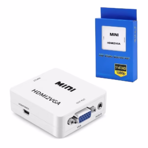 Adaptador HDMI a VGA Compacto High Full Max HFM-S-99: Dale Nueva Vida a tus Pantallas VGA, Adaptador convertidor compacto High Full Max HFM-S-99 de HDMI a VGA, de color blanco, mostrando sus puertos HDMI, VGA, de audio y de poder, un producto de HD Multimedia PERU SAC.