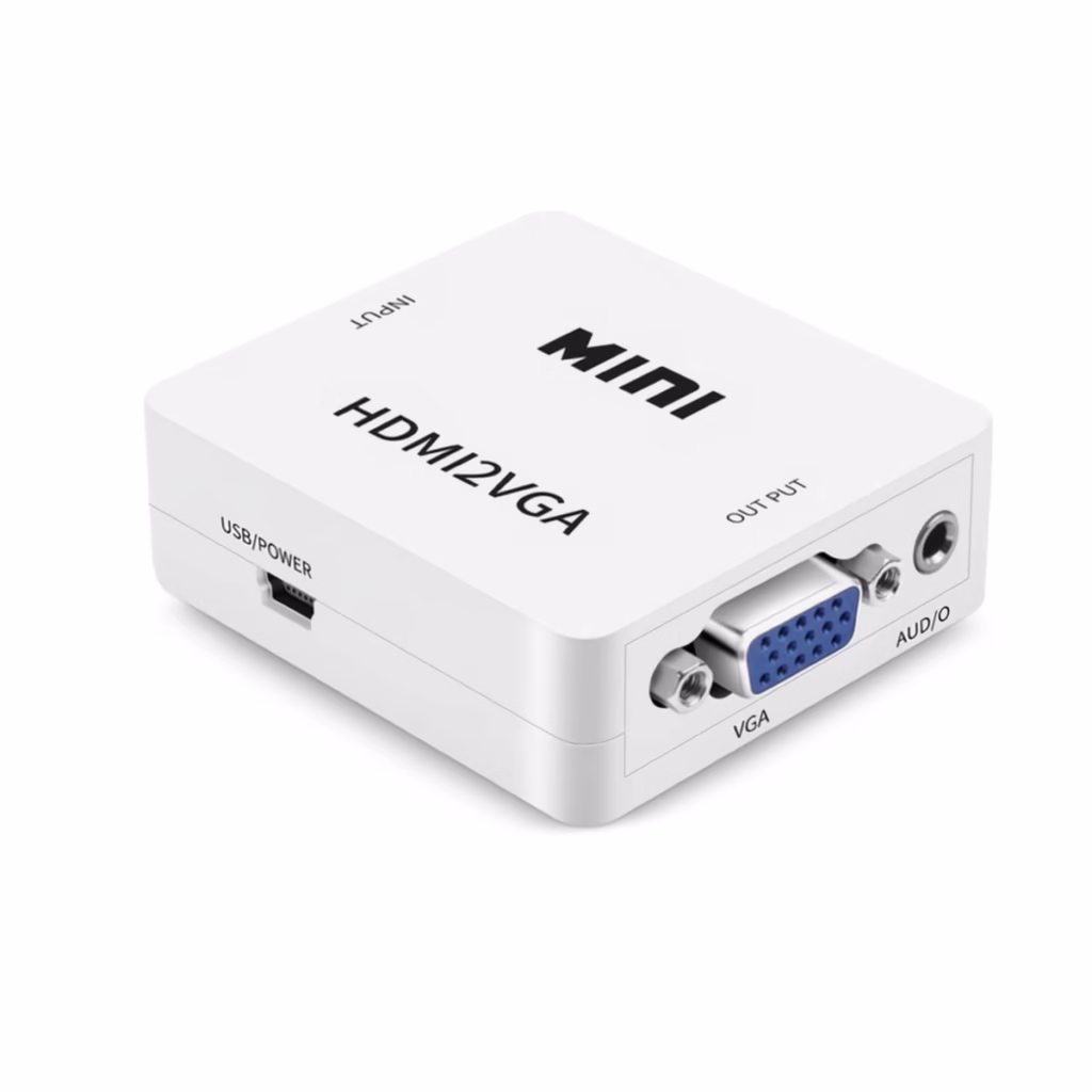 Adaptador HDMI a VGA Compacto High Full Max HFM S  Dale Nueva Vida a tus Pantallas VGA Adaptador convertidor compacto High Full Max HFM S  de HDMI a VGA de color blanco mostrando sus puertos HDMI VGA de audio y de poder un producto de HD Multimedia PERU SAC