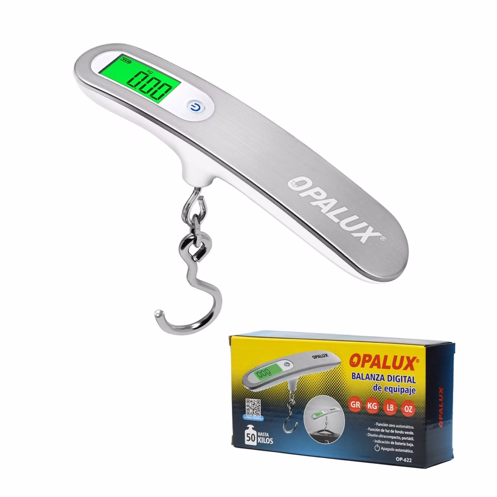 Balanza Digital Portátil para Viajes Opalux OP  Evita el Exceso de Equipaje Balanza digital portátil para viajes Opalux OP  color blanco mostrando su pantalla LCD retroiluminada y gancho de acero un producto para viajeros de HD Multimedia PERU SAC