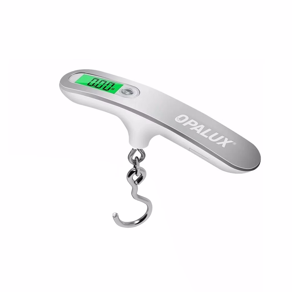 Balanza Digital Portátil para Viajes Opalux OP  Evita el Exceso de Equipaje Balanza digital portátil para viajes Opalux OP  color blanco mostrando su pantalla LCD retroiluminada y gancho de acero un producto para viajeros de HD Multimedia PERU SAC