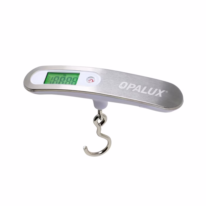 Balanza Digital Portátil para Viajes Opalux OP  Evita el Exceso de Equipaje Balanza digital portátil para viajes Opalux OP  color blanco mostrando su pantalla LCD retroiluminada y gancho de acero un producto para viajeros de HD Multimedia PERU SAC