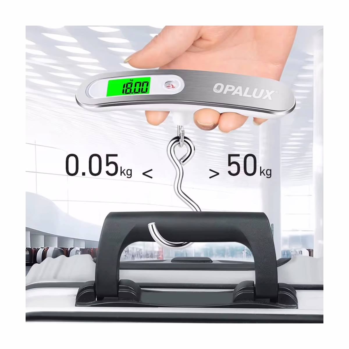 Balanza Digital Portátil para Viajes Opalux OP-622: ¡Evita el Exceso de Equipaje! Balanza Digital Portátil para Viajes Opalux OP-622: ¡Evita el Exceso de Equipaje!, Balanza digital portátil para viajes Opalux OP-622, color blanco, mostrando su pantalla LCD retroiluminada y gancho de acero, un producto para viajeros de HD Multimedia PERU SAC.