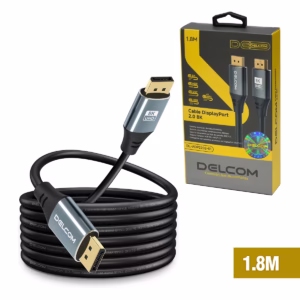 Cable DisplayPort 8K 1.8MT v2.0 HDR DSC HBR 40Gbps Premium Delcom DL-ADP2202-01, Cable DisplayPort 8K premium Delcom DL-ADP2202-01 de 1.8 metros, mostrando sus conectores de aleación de aluminio y contactos dorados, un producto para gaming de HD Multimedia PERU SAC.