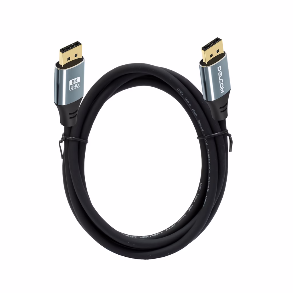 Cable DisplayPort K MT v HDR DSC HBR Gbps Premium Delcom DL ADP  Cable DisplayPort K premium Delcom DL ADP  de  metros mostrando sus conectores de aleación de aluminio y contactos dorados un producto para gaming de HD Multimedia PERU SAC
