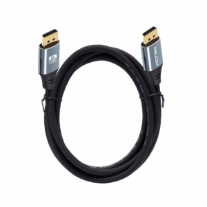 Cable DisplayPort 8K 1.8MT v2.0 HDR DSC HBR 40Gbps Premium Delcom DL-ADP2202-01, Cable DisplayPort 8K premium Delcom DL-ADP2202-01 de 1.8 metros, mostrando sus conectores de aleación de aluminio y contactos dorados, un producto para gaming de HD Multimedia PERU SAC.
