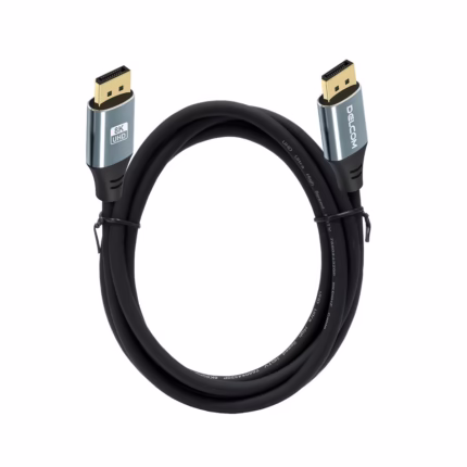 Cable DisplayPort 8K 1.8MT v2.0 HDR DSC HBR 40Gbps Premium Delcom DL-ADP2202-01, Cable DisplayPort 8K premium Delcom DL-ADP2202-01 de 1.8 metros, mostrando sus conectores de aleación de aluminio y contactos dorados, un producto para gaming de HD Multimedia PERU SAC.