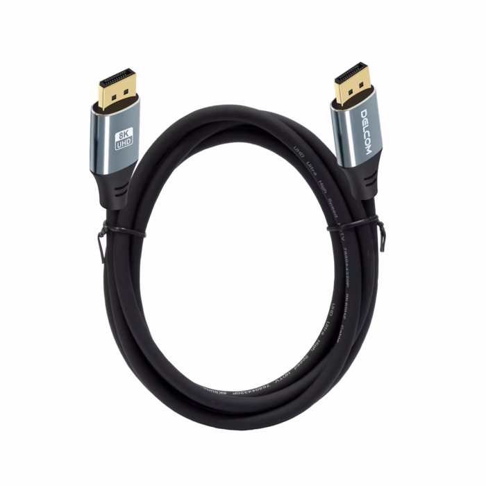 Cable DisplayPort K MT v HDR DSC HBR Gbps Premium Delcom DL ADP  Cable DisplayPort K premium Delcom DL ADP  de  metros mostrando sus conectores de aleación de aluminio y contactos dorados un producto para gaming de HD Multimedia PERU SAC