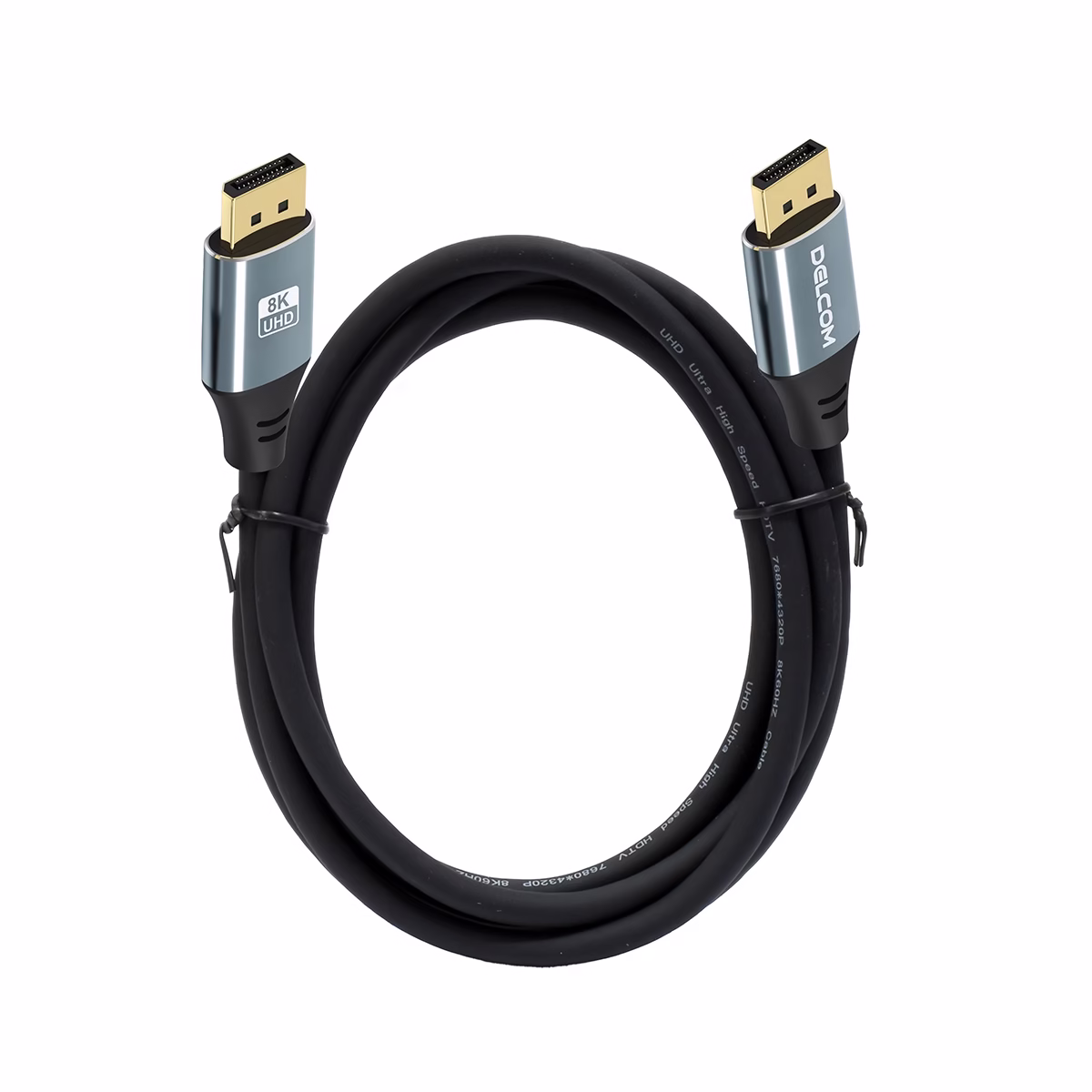 Cable DisplayPort 8K 1.8MT v2.0 HDR DSC HBR 40Gbps Premium Delcom DL-ADP2202-01: Alta Calidad para tu Monitor Gamer Cable DisplayPort 8K 1.8MT v2.0 HDR DSC HBR 40Gbps Premium Delcom DL-ADP2202-01, Cable DisplayPort 8K premium Delcom DL-ADP2202-01 de 1.8 metros, mostrando sus conectores de aleación de aluminio y contactos dorados, un producto para gaming de HD Multimedia PERU SAC.