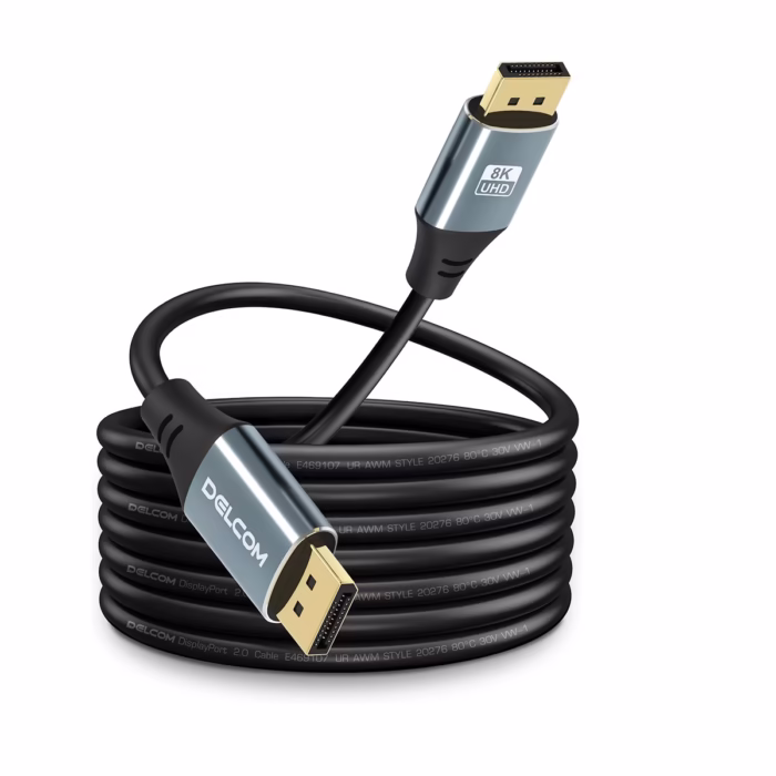 Cable DisplayPort K MT v HDR DSC HBR Gbps Premium Delcom DL ADP  Cable DisplayPort K premium Delcom DL ADP  de  metros mostrando sus conectores de aleación de aluminio y contactos dorados un producto para gaming de HD Multimedia PERU SAC