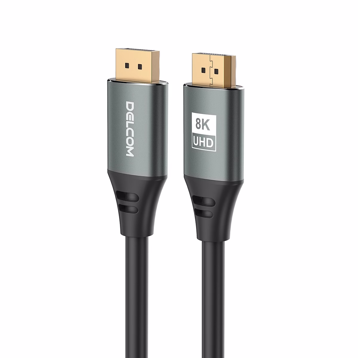 Cable DisplayPort 8K 1.8MT v2.0 HDR DSC HBR 40Gbps Premium Delcom DL-ADP2202-01: Alta Calidad para tu Monitor Gamer Cable DisplayPort 8K 1.8MT v2.0 HDR DSC HBR 40Gbps Premium Delcom DL-ADP2202-01, Cable DisplayPort 8K premium Delcom DL-ADP2202-01 de 1.8 metros, mostrando sus conectores de aleación de aluminio y contactos dorados, un producto para gaming de HD Multimedia PERU SAC.