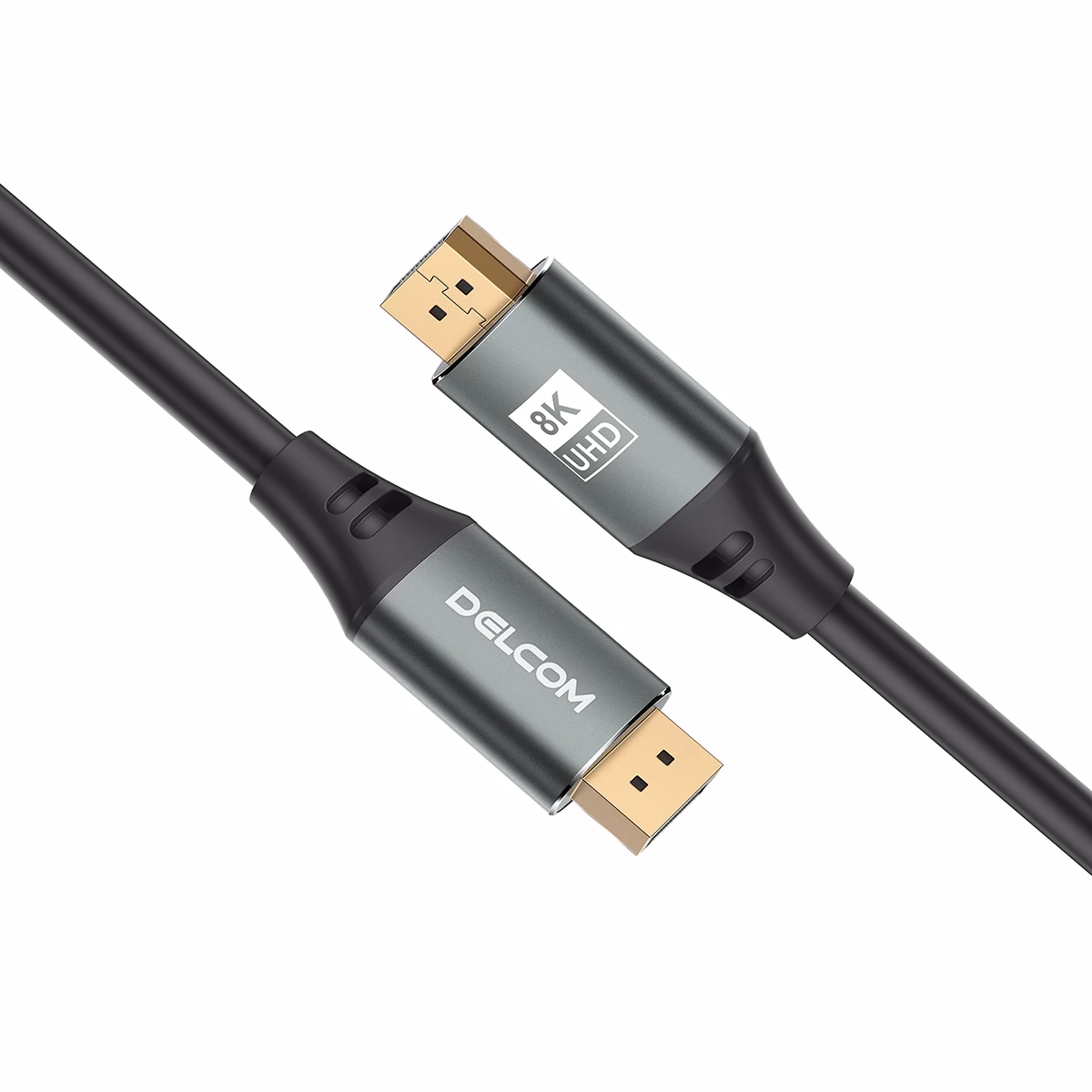 Cable DisplayPort 8K 1.8MT v2.0 HDR DSC HBR 40Gbps Premium Delcom DL-ADP2202-01: Alta Calidad para tu Monitor Gamer Cable DisplayPort 8K 1.8MT v2.0 HDR DSC HBR 40Gbps Premium Delcom DL-ADP2202-01, Cable DisplayPort 8K premium Delcom DL-ADP2202-01 de 1.8 metros, mostrando sus conectores de aleación de aluminio y contactos dorados, un producto para gaming de HD Multimedia PERU SAC.