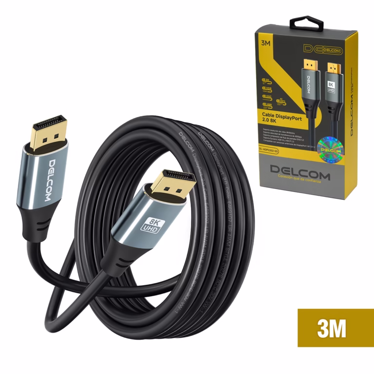 Cable DisplayPort 8K 3MT v2.0 HDR DSC HBR 40Gbps Premium Delcom DL-ADP2202-03: Larga Distancia, Excelente Calidad de Imágen, Cable DisplayPort 8K premium Delcom DL-ADP2202-03 de 3 metros, enmallado y con conectores de aleación de aluminio y contactos dorados, un producto para gaming de HD Multimedia PERU SAC.