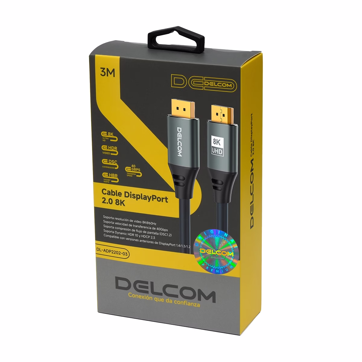 Cable DisplayPort 8K 3MT v2.0 HDR DSC HBR 40Gbps Premium Delcom DL-ADP2202-03: Larga Distancia, Excelente Calidad de Imágen Cable DisplayPort 8K 3MT v2.0 HDR DSC HBR 40Gbps Premium Delcom DL-ADP2202-03: Larga Distancia, Excelente Calidad de Imágen, Cable DisplayPort 8K premium Delcom DL-ADP2202-03 de 3 metros, enmallado y con conectores de aleación de aluminio y contactos dorados, un producto para gaming de HD Multimedia PERU SAC.
