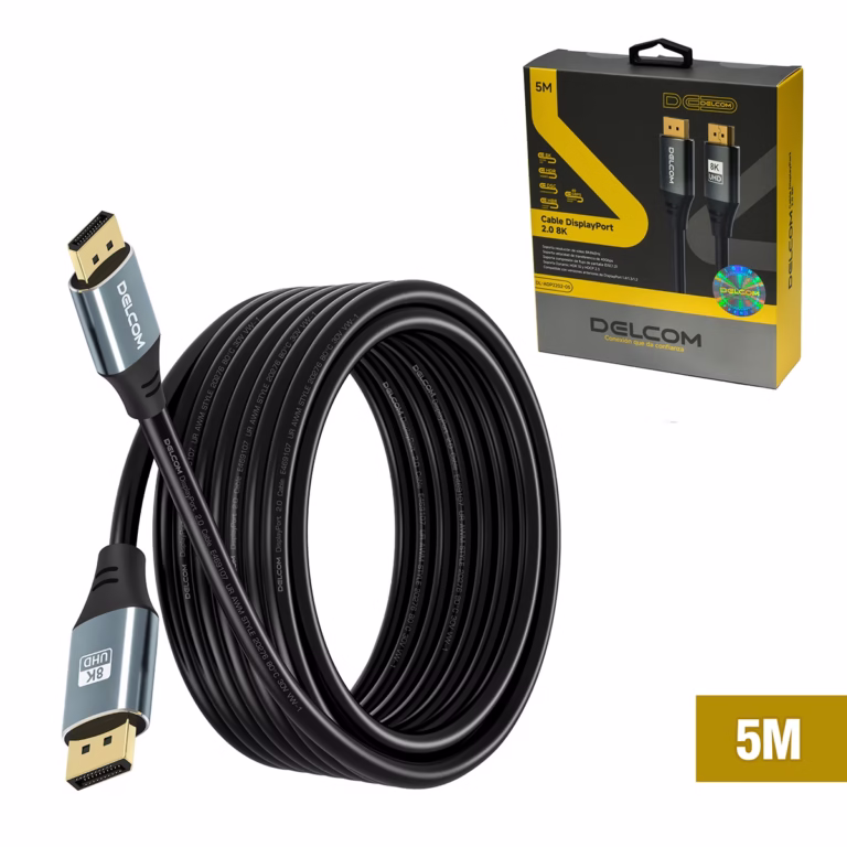 Cable DisplayPort 8K 5MT v2.0 HDR DSC HBR 40Gbps Premium Delcom DL-ADP2202-05, Cable DisplayPort 8K premium Delcom DL-ADP2202-05 de 5 metros, mostrando sus conectores de aleación de aluminio y contactos dorados, un producto para gaming de HD Multimedia PERU SAC.
