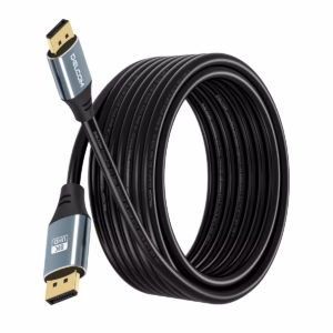 Cable DisplayPort 8K 5MT v2.0 HDR DSC HBR 40Gbps Premium Delcom DL-ADP2202-05, Cable DisplayPort 8K premium Delcom DL-ADP2202-05 de 5 metros, mostrando sus conectores de aleación de aluminio y contactos dorados, un producto para gaming de HD Multimedia PERU SAC.