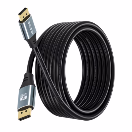 Cable DisplayPort 8K 5MT v2.0 HDR DSC HBR 40Gbps Premium Delcom DL-ADP2202-05, Cable DisplayPort 8K premium Delcom DL-ADP2202-05 de 5 metros, mostrando sus conectores de aleación de aluminio y contactos dorados, un producto para gaming de HD Multimedia PERU SAC.