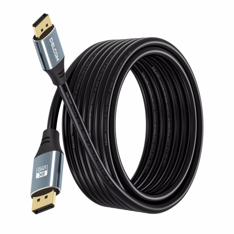Cable DisplayPort 8K 5MT v2.0 HDR DSC HBR 40Gbps Premium Delcom DL-ADP2202-05, Cable DisplayPort 8K premium Delcom DL-ADP2202-05 de 5 metros, mostrando sus conectores de aleación de aluminio y contactos dorados, un producto para gaming de HD Multimedia PERU SAC.