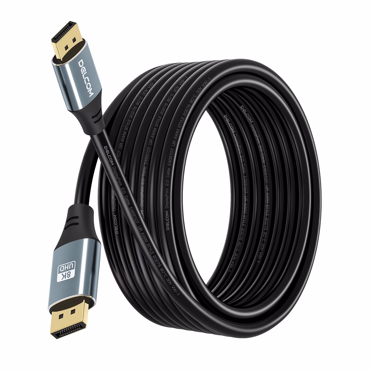 Cable DisplayPort 8K 5MT v2.0 HDR DSC HBR 40Gbps Premium Delcom DL-ADP2202-05 Cable DisplayPort 8K 5MT v2.0 HDR DSC HBR 40Gbps Premium Delcom DL-ADP2202-05, Cable DisplayPort 8K premium Delcom DL-ADP2202-05 de 5 metros, mostrando sus conectores de aleación de aluminio y contactos dorados, un producto para gaming de HD Multimedia PERU SAC.
