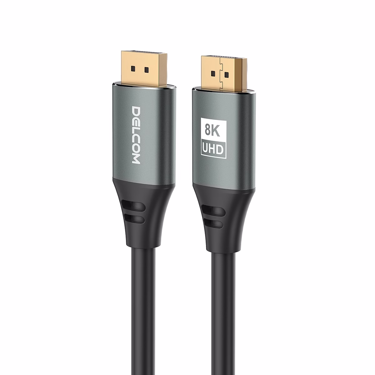 Cable DisplayPort 8K 5MT v2.0 HDR DSC HBR 40Gbps Premium Delcom DL-ADP2202-05 Cable DisplayPort 8K 5MT v2.0 HDR DSC HBR 40Gbps Premium Delcom DL-ADP2202-05, Cable DisplayPort 8K premium Delcom DL-ADP2202-05 de 5 metros, mostrando sus conectores de aleación de aluminio y contactos dorados, un producto para gaming de HD Multimedia PERU SAC.