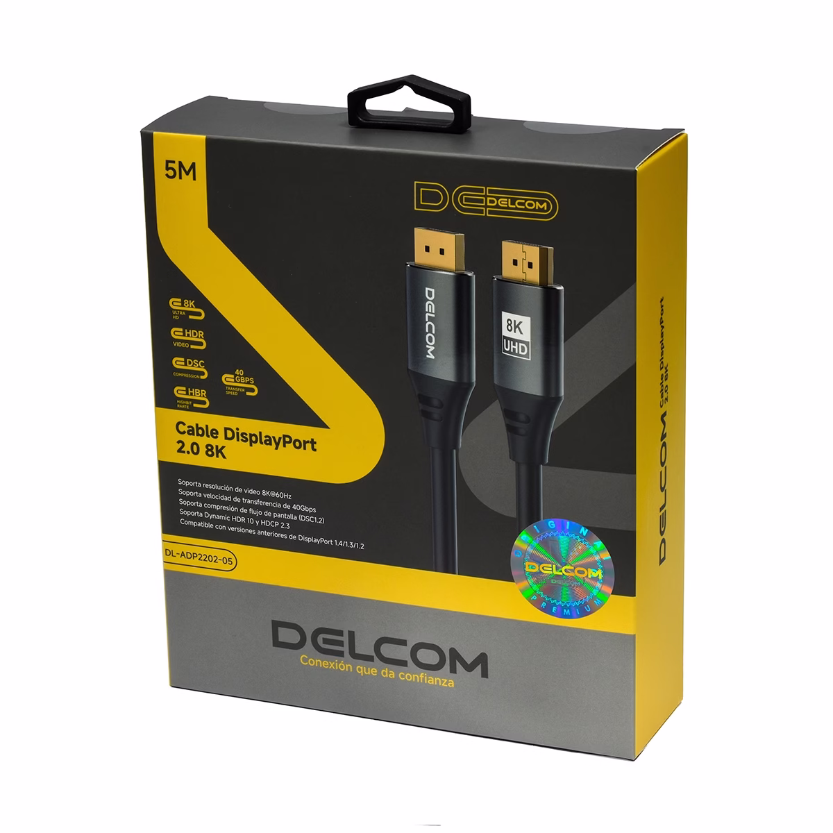 Cable DisplayPort 8K 5MT v2.0 HDR DSC HBR 40Gbps Premium Delcom DL-ADP2202-05 Cable DisplayPort 8K 5MT v2.0 HDR DSC HBR 40Gbps Premium Delcom DL-ADP2202-05, Cable DisplayPort 8K premium Delcom DL-ADP2202-05 de 5 metros, mostrando sus conectores de aleación de aluminio y contactos dorados, un producto para gaming de HD Multimedia PERU SAC.