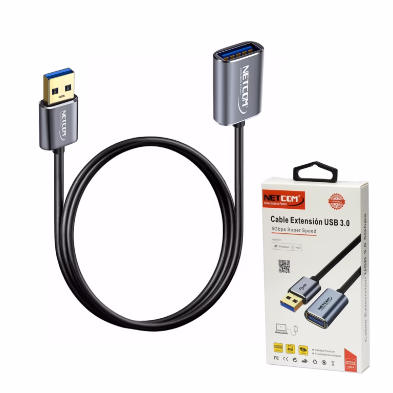 Cable Extensión USB 3.0 de 1MT NETCOM PE-CA0091: Extiende tus Conexiones sin Perder Velocidad, Cable de extensión USB 3.0 premium Netcom PE-CA0091 de 1 metro, mostrando sus robustos conectores de aleación de aluminio con contactos dorados, un producto de HD Multimedia PERU SAC.