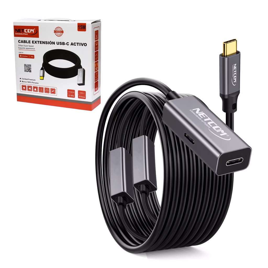 Cable Extensión USB C MT Activo USB C  Gen W Gbps KHz NETCOM PE EX Cable extensor USB C activo de  metros Netcom PE EX mostrando el conector de entrada USB C y el extremo hembra USB C con su puerto de alimentación un producto de HD Multimedia PERU SAC