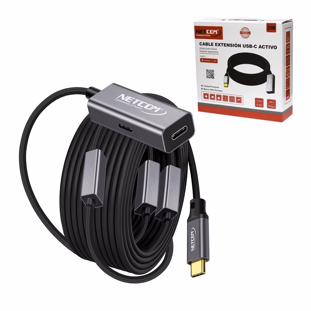 Cable Extensión USB C MT Activo USB C  Gen W Gbps NETCOM PE EX Lleva tu Conexión de Datos USB C a  Metros Cable extensor de datos USB C activo de  metros Netcom mostrando el conector de entrada USB C y el extremo hembra USB C con su puerto de alimentación un producto de HD Multimedia PERU SAC