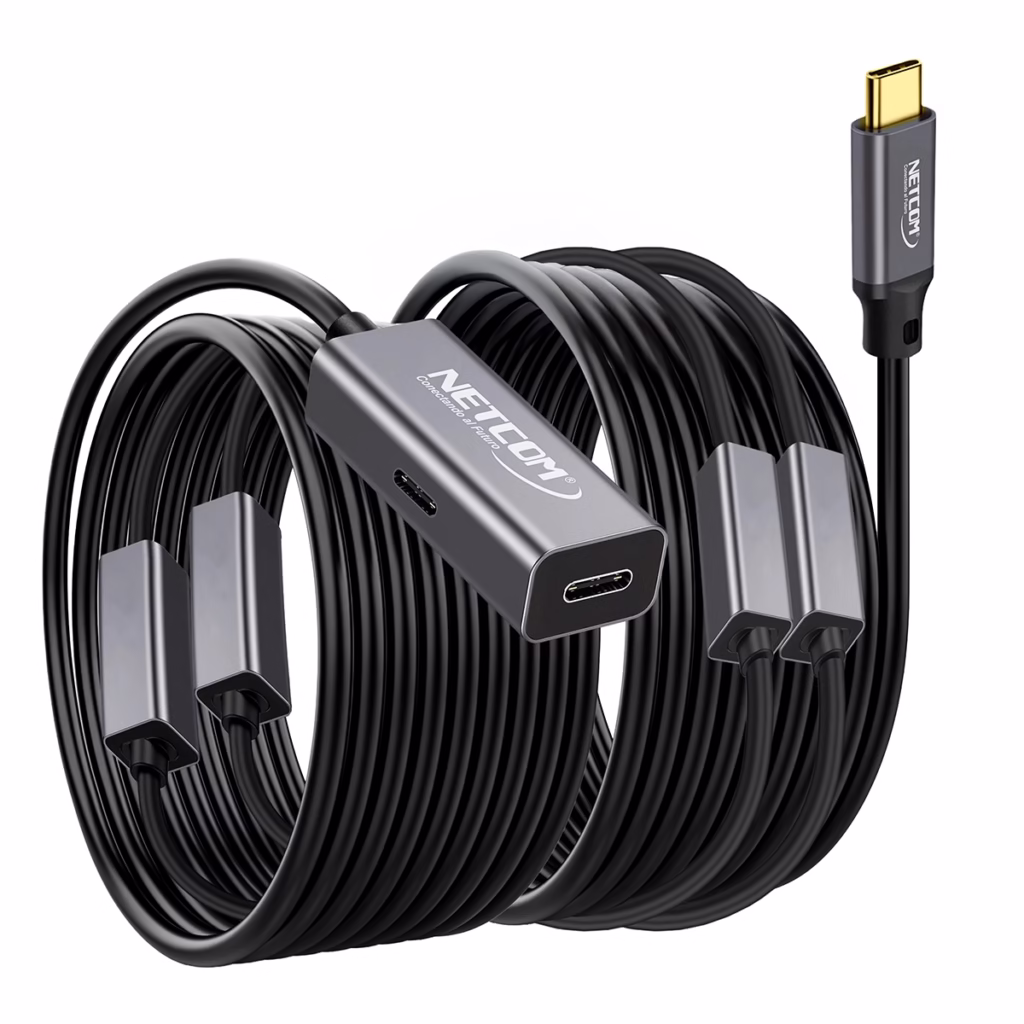 Cable Extensión USB C MT Activo USB C  Gen W Gbps NETCOM PE EX Cable extensor de datos USB C activo de  metros Netcom PE EX mostrando el conector de entrada USB C y el extremo hembra USB C con su puerto de alimentación un producto de HD Multimedia PERU SAC