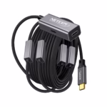 Cable Extensión USB-C 25MT Activo USB-C 3.1 Gen2 100W 5Gbps NETCOM PE-EX0225, Cable extensor de datos USB-C activo de 25 metros Netcom PE-EX0225, mostrando el conector de entrada USB-C y el extremo hembra USB-C con su puerto de alimentación, un producto de HD Multimedia PERU SAC.