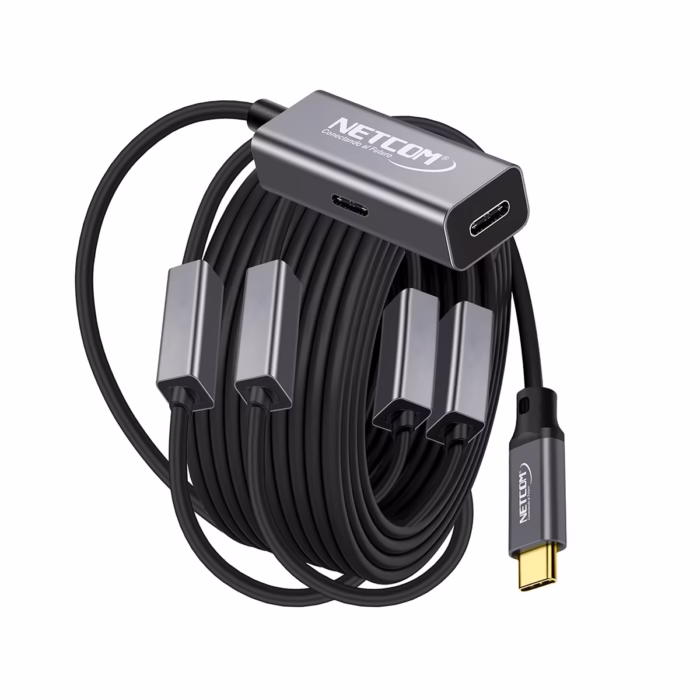 Cable Extensión USB C MT Activo USB C  Gen W Gbps NETCOM PE EX Cable extensor de datos USB C activo de  metros Netcom PE EX mostrando el conector de entrada USB C y el extremo hembra USB C con su puerto de alimentación un producto de HD Multimedia PERU SAC