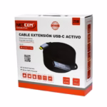 Cable Extensión USB-C 25MT Activo USB-C 3.1 Gen2 100W 5Gbps NETCOM PE-EX0225, Cable extensor de datos USB-C activo de 25 metros Netcom PE-EX0225, mostrando el conector de entrada USB-C y el extremo hembra USB-C con su puerto de alimentación, un producto de HD Multimedia PERU SAC.