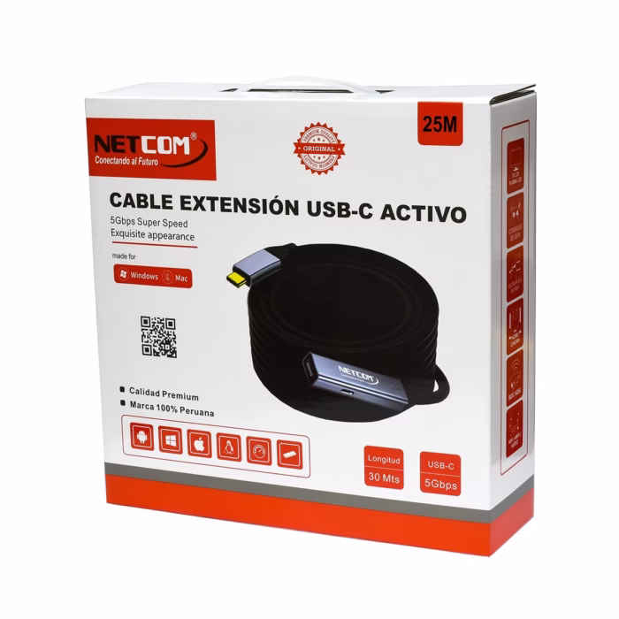 Cable Extensión USB C MT Activo USB C  Gen W Gbps NETCOM PE EX Cable extensor de datos USB C activo de  metros Netcom PE EX mostrando el conector de entrada USB C y el extremo hembra USB C con su puerto de alimentación un producto de HD Multimedia PERU SAC