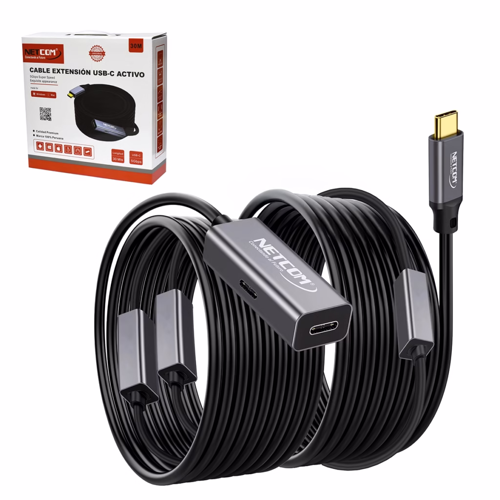 Cable Extensión USB C MT Activo USB C  Gen W Gbps NETCOM PE EX Cable extensor de datos USB C activo de  metros Netcom PE EX mostrando el conector de entrada USB C y el extremo hembra USB C con su puerto de alimentación un producto de HD Multimedia PERU SAC