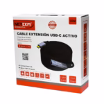 Cable Extensión USB-C 30MT Activo USB-C 3.1 Gen2 100W 5Gbps NETCOM PE-EX0230, Cable extensor de datos USB-C activo de 30 metros Netcom PE-EX0230, mostrando el conector de entrada USB-C y el extremo hembra USB-C con su puerto de alimentación, un producto de HD Multimedia PERU SAC.