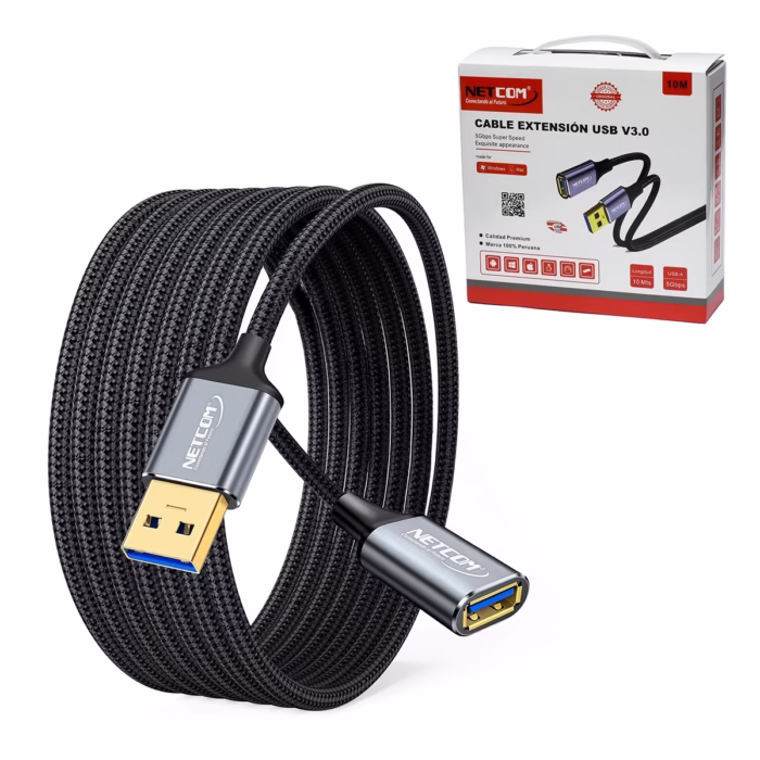 Cable Extensión USB de MT USB  Gbps Enmallado NETCOM PE CA Cable de extensión USB  premium Netcom PE CA de  metros mostrando sus conectores de aleación de aluminio con contactos dorados un producto de HD Multimedia PERU SAC