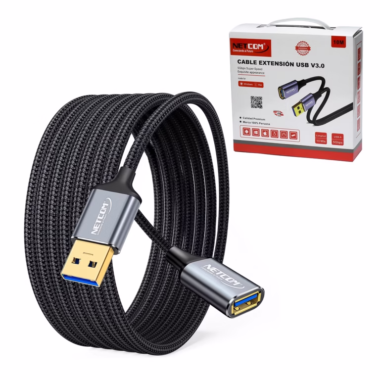 Cable Extensión USB3 de 10MT USB 3.0 5Gbps Enmallado NETCOM PE-CA0096, Cable de extensión USB 3.0 premium Netcom PE-CA0096 de 10 metros, mostrando sus conectores de aleación de aluminio con contactos dorados, un producto de HD Multimedia PERU SAC.