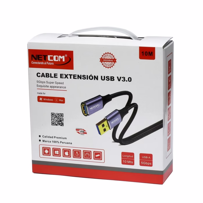 Cable Extensión USB de MT USB  Gbps Enmallado NETCOM PE CA Cable de extensión USB  premium Netcom PE CA de  metros mostrando sus conectores de aleación de aluminio con contactos dorados un producto