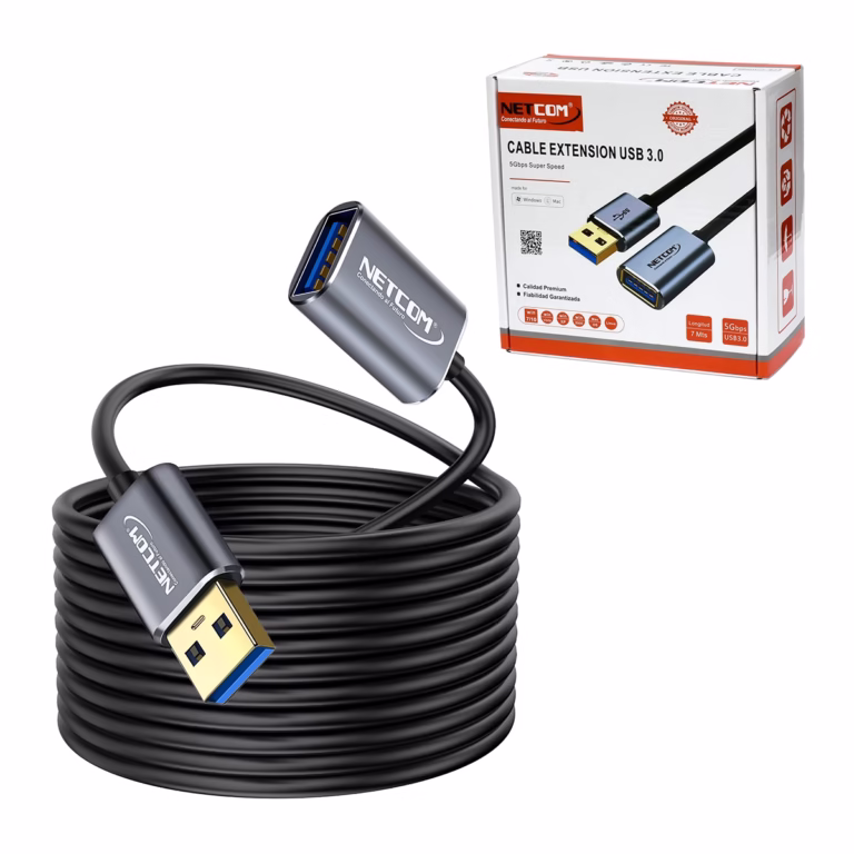 Cable Extensión USB3 de 7MT USB 3.0 5Gbps NETCOM PE-CA0095: Lleva tu Conexión USB 3.0 más Lejos, Cable de extensión USB 3.0 premium Netcom PE-CA0095 de 7 metros, mostrando sus conectores de aleación de aluminio con contactos dorados, un producto de HD Multimedia PERU SAC.