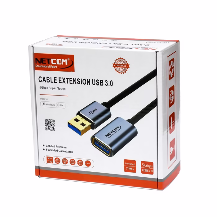 Cable Extensión USB de MT USB  Gbps NETCOM PE CA Lleva tu Conexión USB  más Lejos Cable de extensión USB  premium Netcom PE CA de  metros mostrando sus conectores de aleación de aluminio con contactos dorados un producto de HD Multimedia PERU SAC