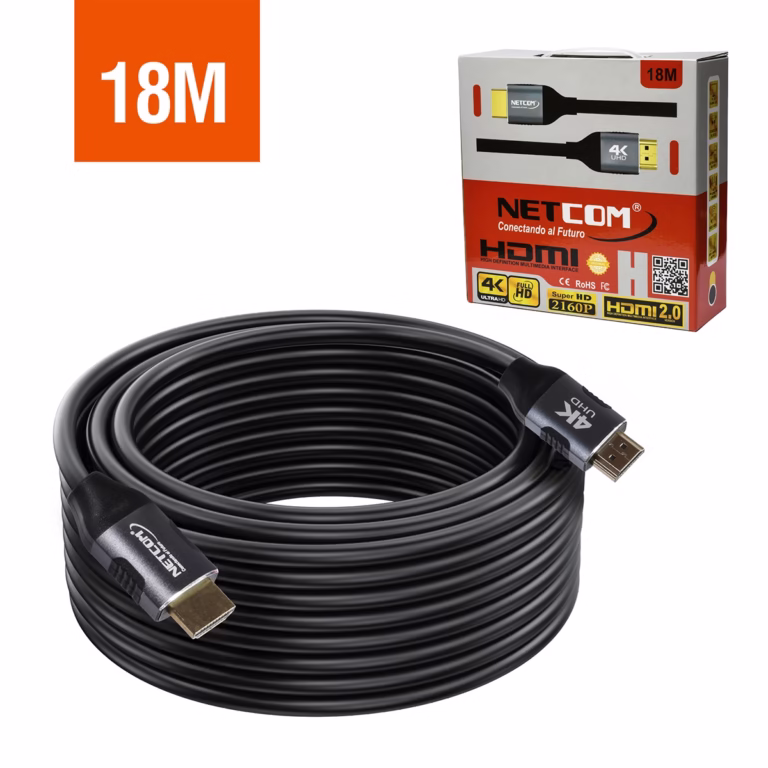 Cable HDMI 18MT 4K v2.0 60Hz 18Gbps 3D Full Cobre NETCOM PE-HD0863, Cable HDMI 4K de 18 metros Netcom PE-HD0863, 100% cobre, con conectores de aleación de aluminio y contactos dorados, un producto de HD Multimedia PERU SAC.