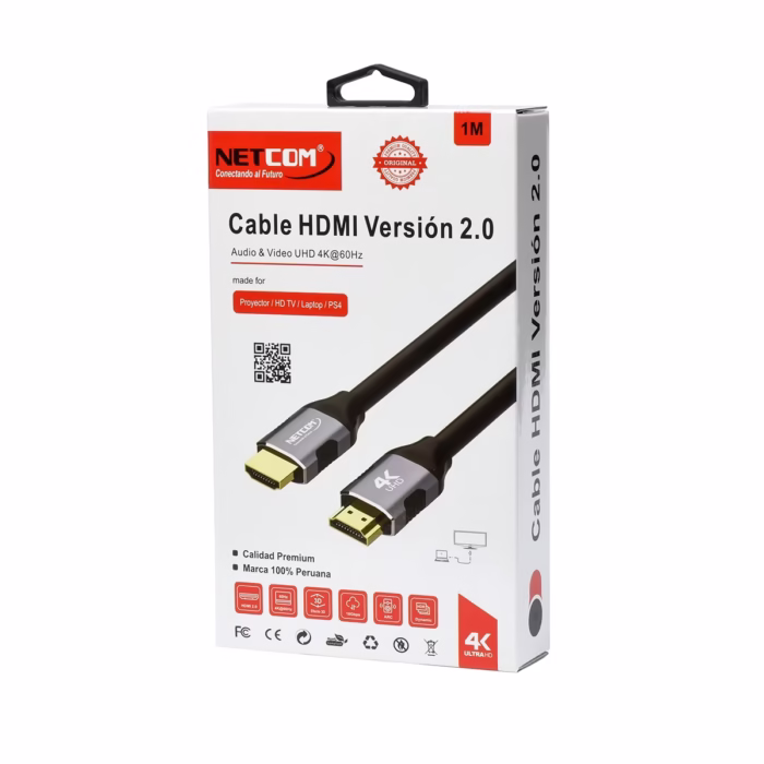 Cable HDMI MT K v Hz Gbps D Full Cobre NETCOM PE HD Cable HDMI K de  metro Netcom PE HD mostrando sus conectores premium de aleación de aluminio y contactos dorados un producto de HD Multimedia PERU SAC