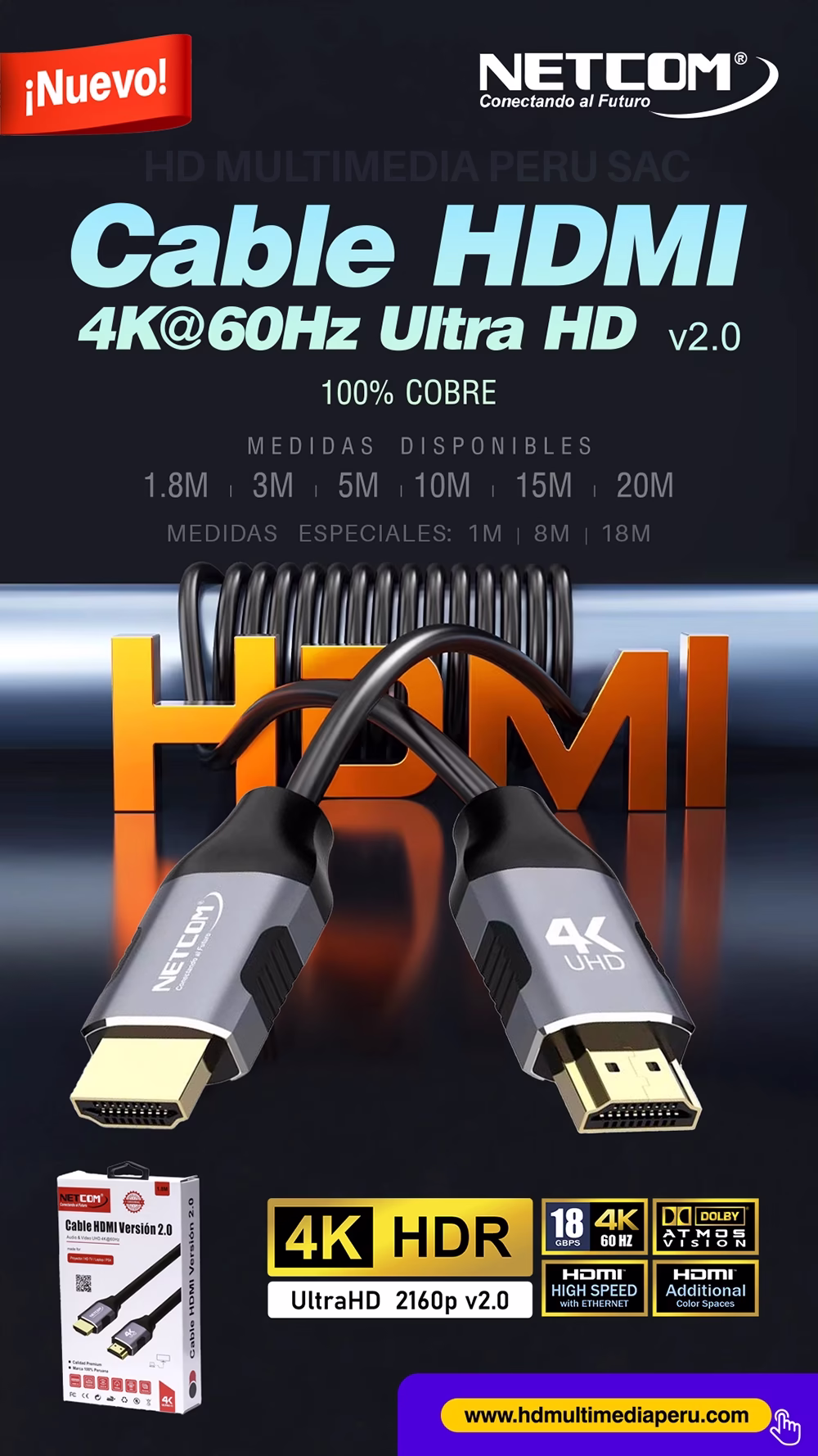 Cable HDMI 1MT 4K v2.0 60Hz 18Gbps 3D Full Cobre NETCOM PE-HD0101, Cable HDMI 4K de 1 metro Netcom PE-HD0101, mostrando sus conectores premium de aleación de aluminio y contactos dorados, un producto de HD Multimedia PERU SAC.