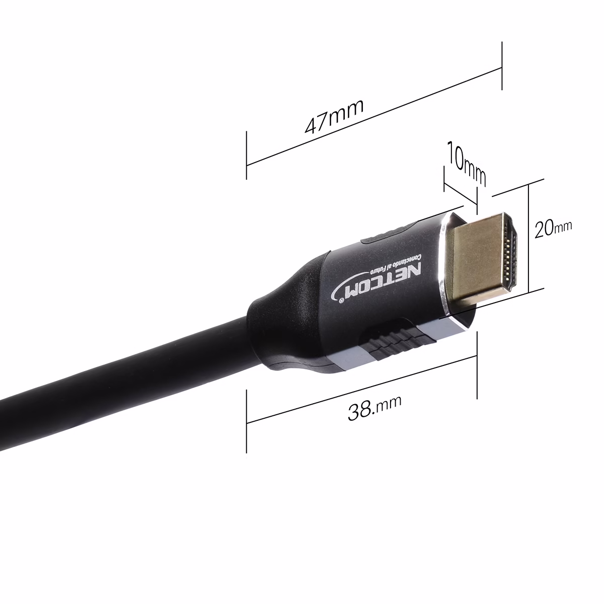 Cable HDMI 1MT 4K v2.0 60Hz 18Gbps 3D Full Cobre NETCOM PE-HD0101, Cable HDMI 4K de 1 metro Netcom PE-HD0101, mostrando sus conectores premium de aleación de aluminio y contactos dorados, un producto de HD Multimedia PERU SAC.