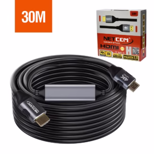 Cable HDMI 30MT 4K v2.0 60Hz 18Gbps 3D Full Cobre NETCOM PE-HD0866, Cable HDMI 4K activo de 30 metros Netcom PE-HD0866, 100% cobre, con conectores de aluminio y booster de señal integrado, un producto de HD Multimedia PERU SAC.