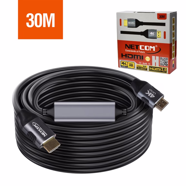 Cable HDMI 30MT 4K v2.0 60Hz 18Gbps 3D Full Cobre NETCOM PE-HD0866, Cable HDMI 4K activo de 30 metros Netcom PE-HD0866, 100% cobre, con conectores de aluminio y booster de señal integrado, un producto de HD Multimedia PERU SAC.