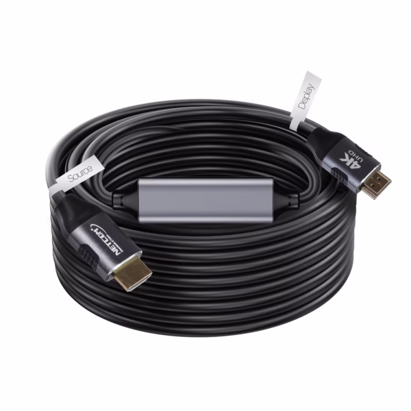 Cable HDMI 30MT 4K v2.0 60Hz 18Gbps 3D Full Cobre NETCOM PE-HD0866, Cable HDMI 4K activo de 30 metros Netcom PE-HD0866, 100% cobre, con conectores de aluminio y booster de señal integrado, un producto de HD Multimedia PERU SAC.