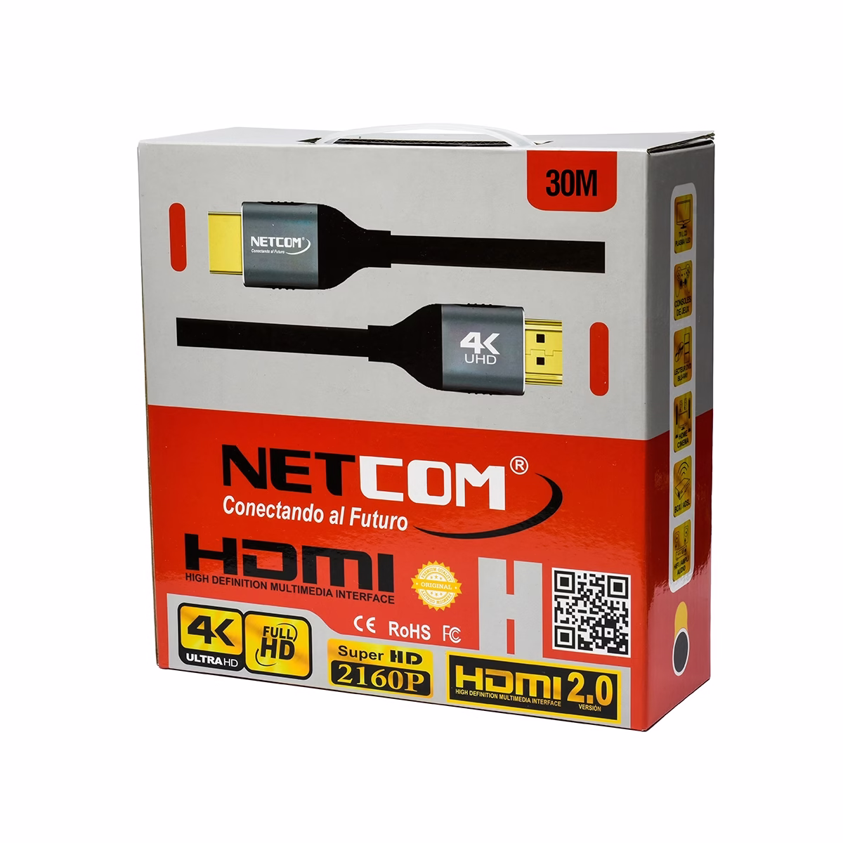 Cable HDMI 30MT 4K v2.0 60Hz 18Gbps 3D Full Cobre NETCOM PE-HD0866______05 Cable HDMI 30MT 4K v2.0 60Hz 18Gbps 3D Full Cobre NETCOM PE-HD0866, Cable HDMI 4K activo de 30 metros Netcom PE-HD0866, 100% cobre, con conectores de aluminio y booster de señal integrado, un producto de HD Multimedia PERU SAC.